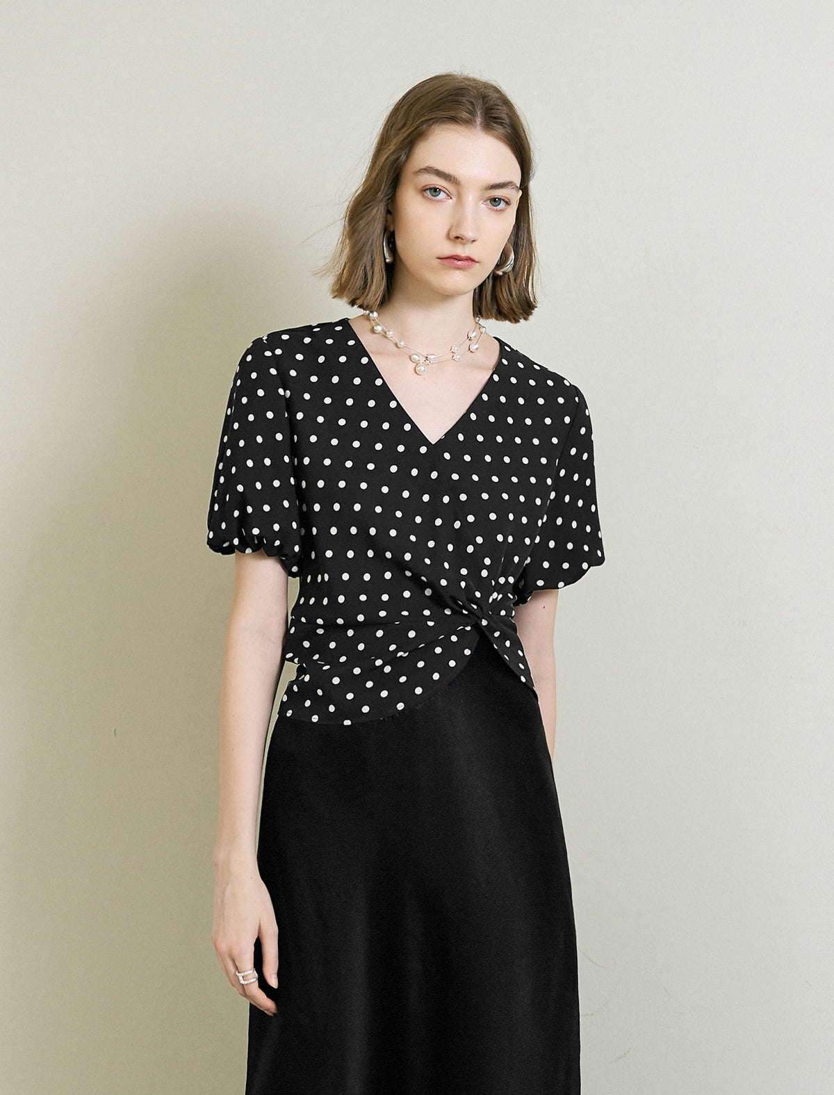Black Polka Dot Wrap Front Top