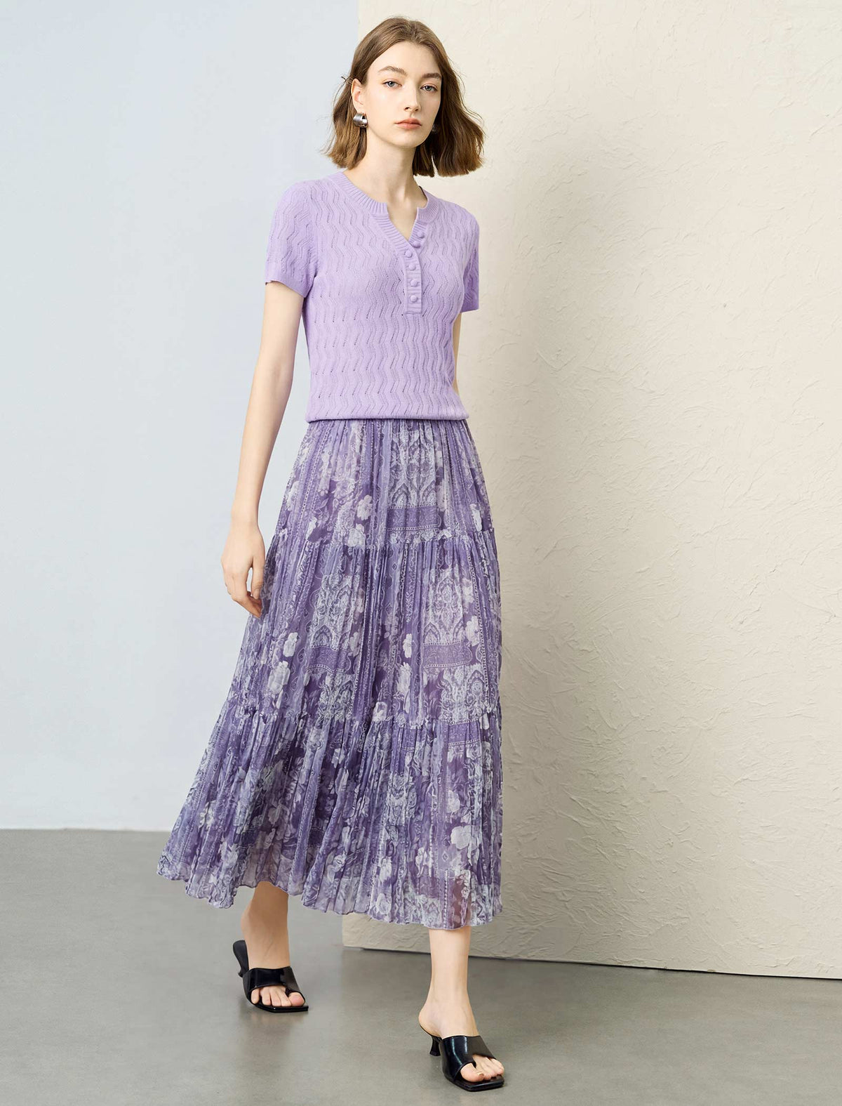 Purple Paisley Print Tiered Midi Skirt
