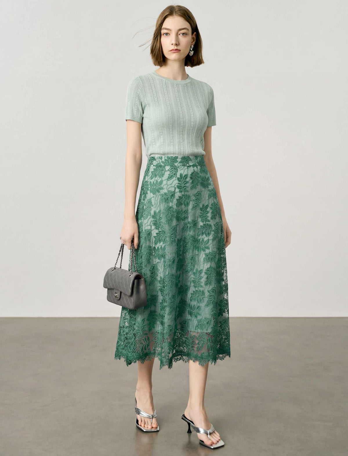 Sage Green Floral Leaf Lace High Waist A-Line Midi Skirt