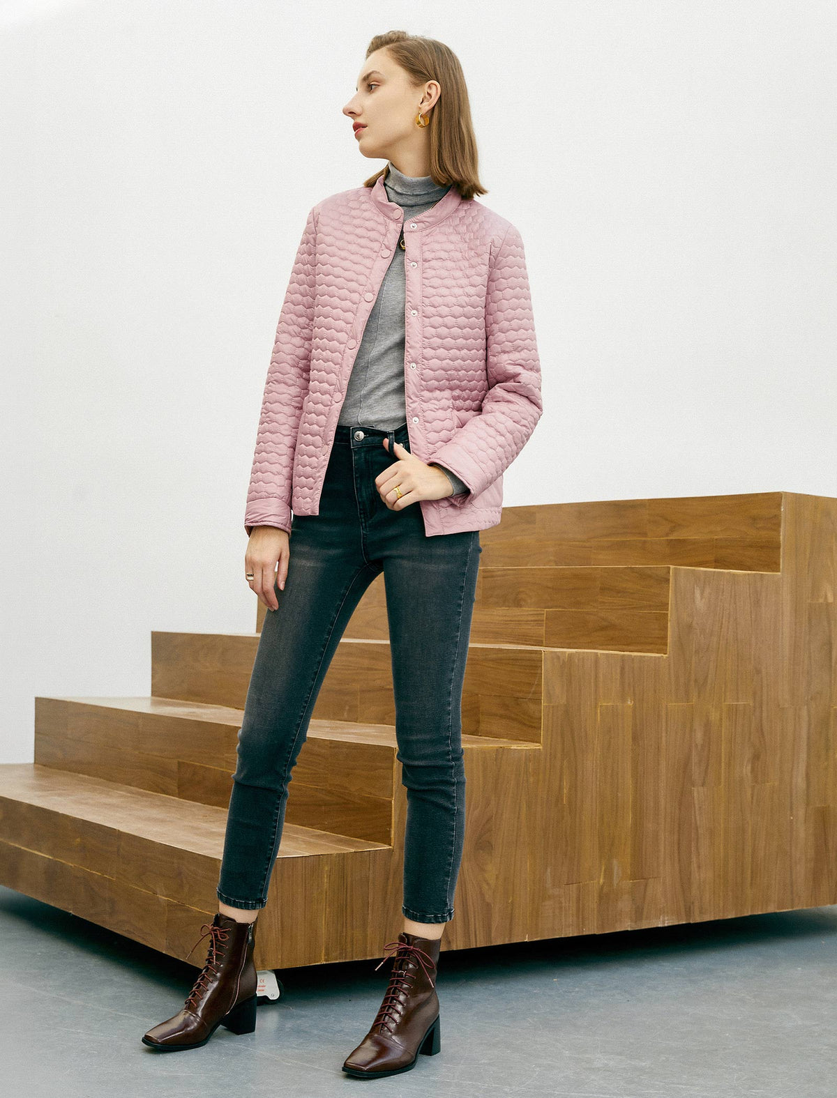 Stand-Collar Snap-Front Padded Coat