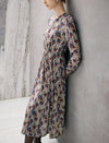 Paisley Print Stand-Collar Ruched-Waist Long Sleeve Midi Dress