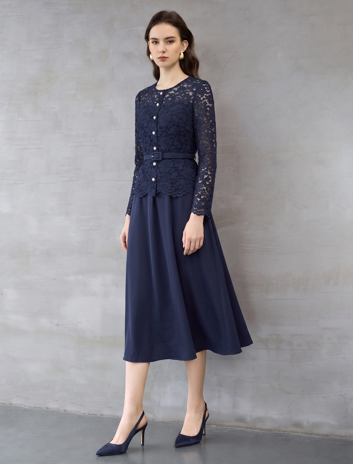 Elegant Lace Belted Midi Dress