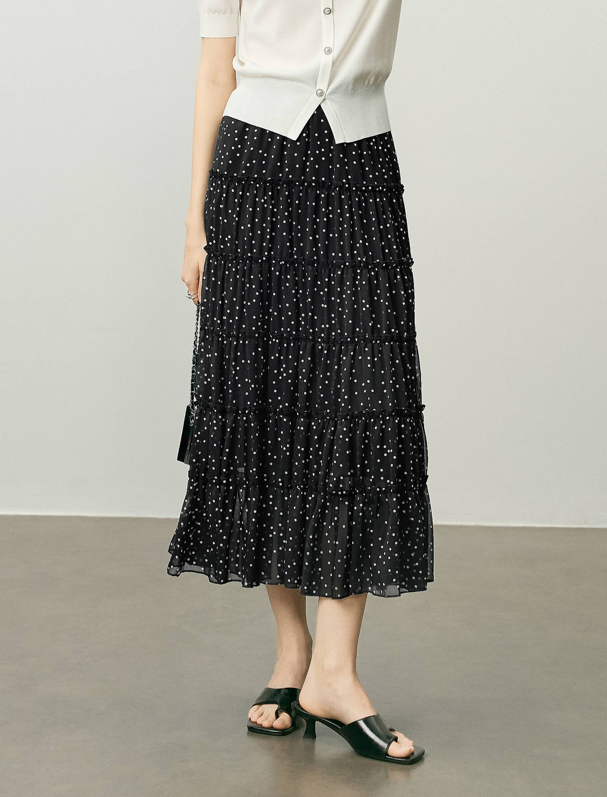 Chiffon Black Polka Dot Tiered Midi Skirt