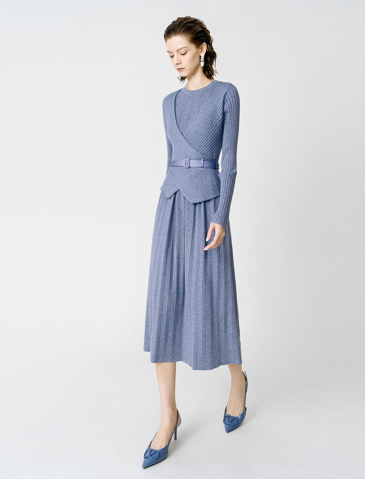 Wool Blend Wrap-Front Pleated Knit Midi Dress