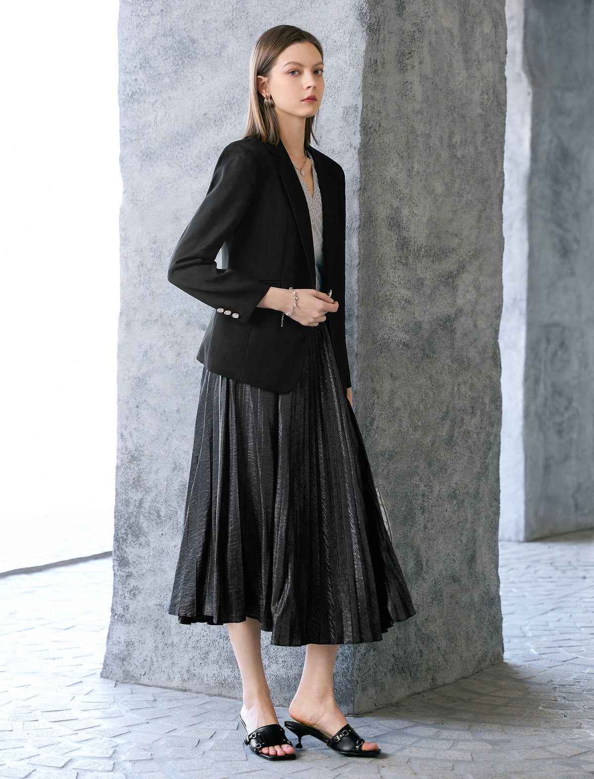 Black Metallic Pleated Midi Skirt