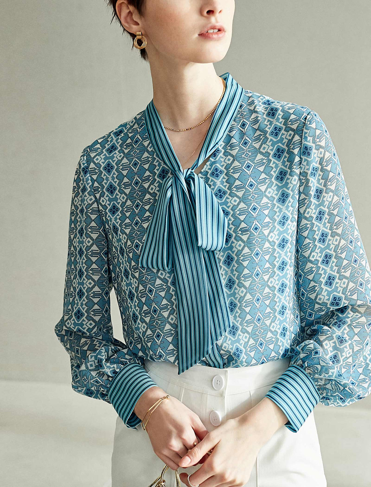Teal Geometric Tie-Neck Blouse