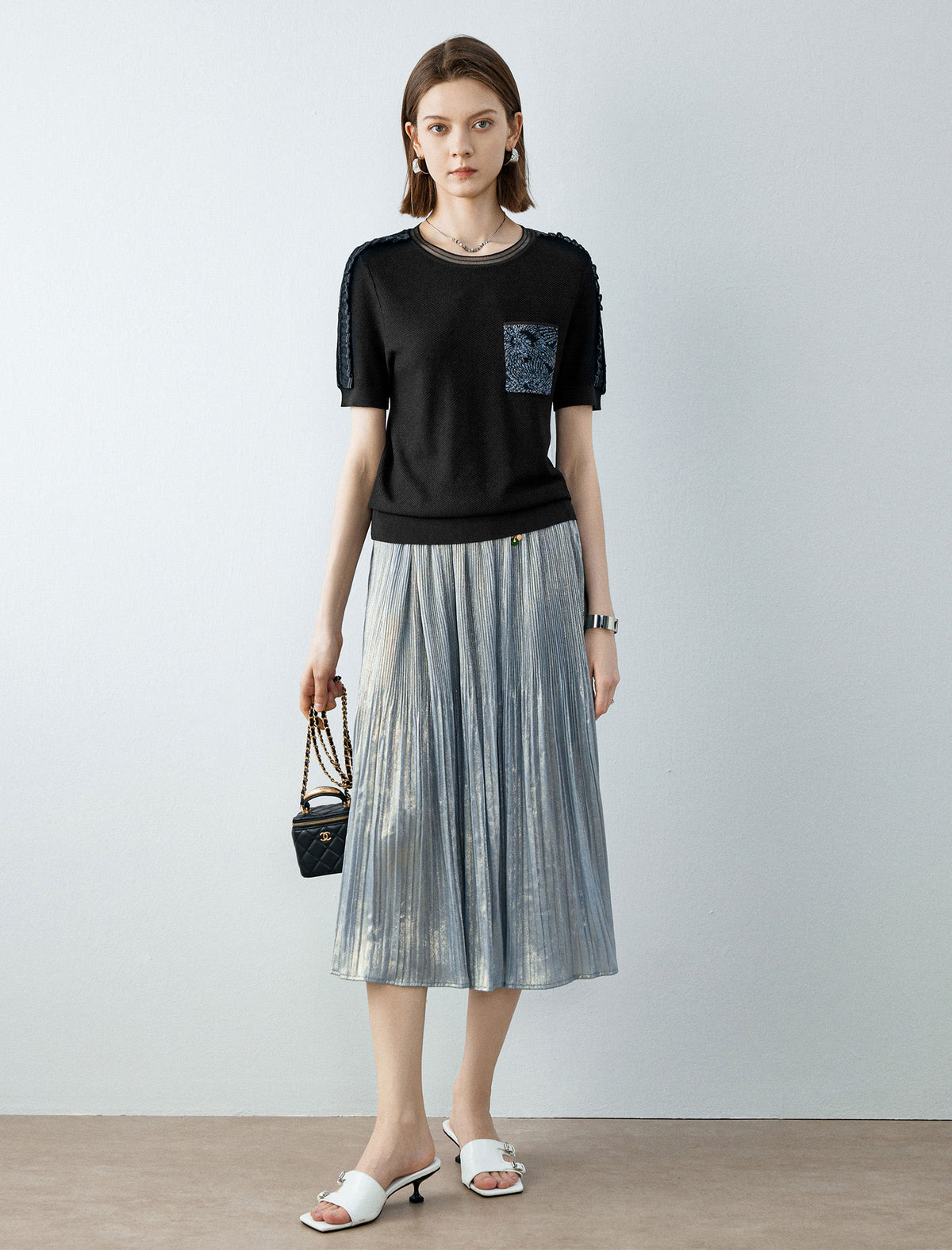 Solid Color Pleated Midi Skirt