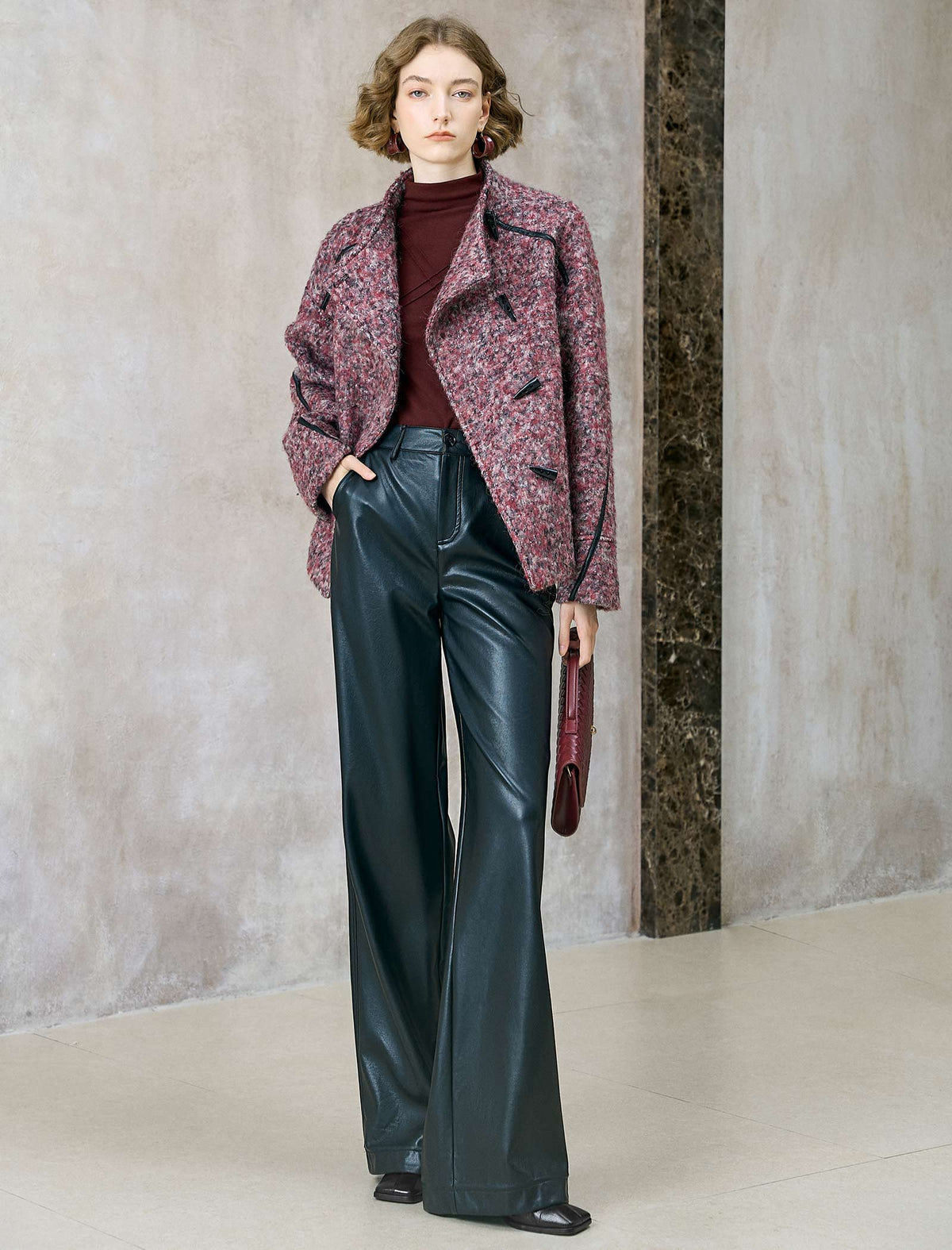 Wool-Blend Toggle Button Faux Leather Accents Jacket