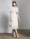Lace Floral V-Neck Puff Sleeve Midi Dress