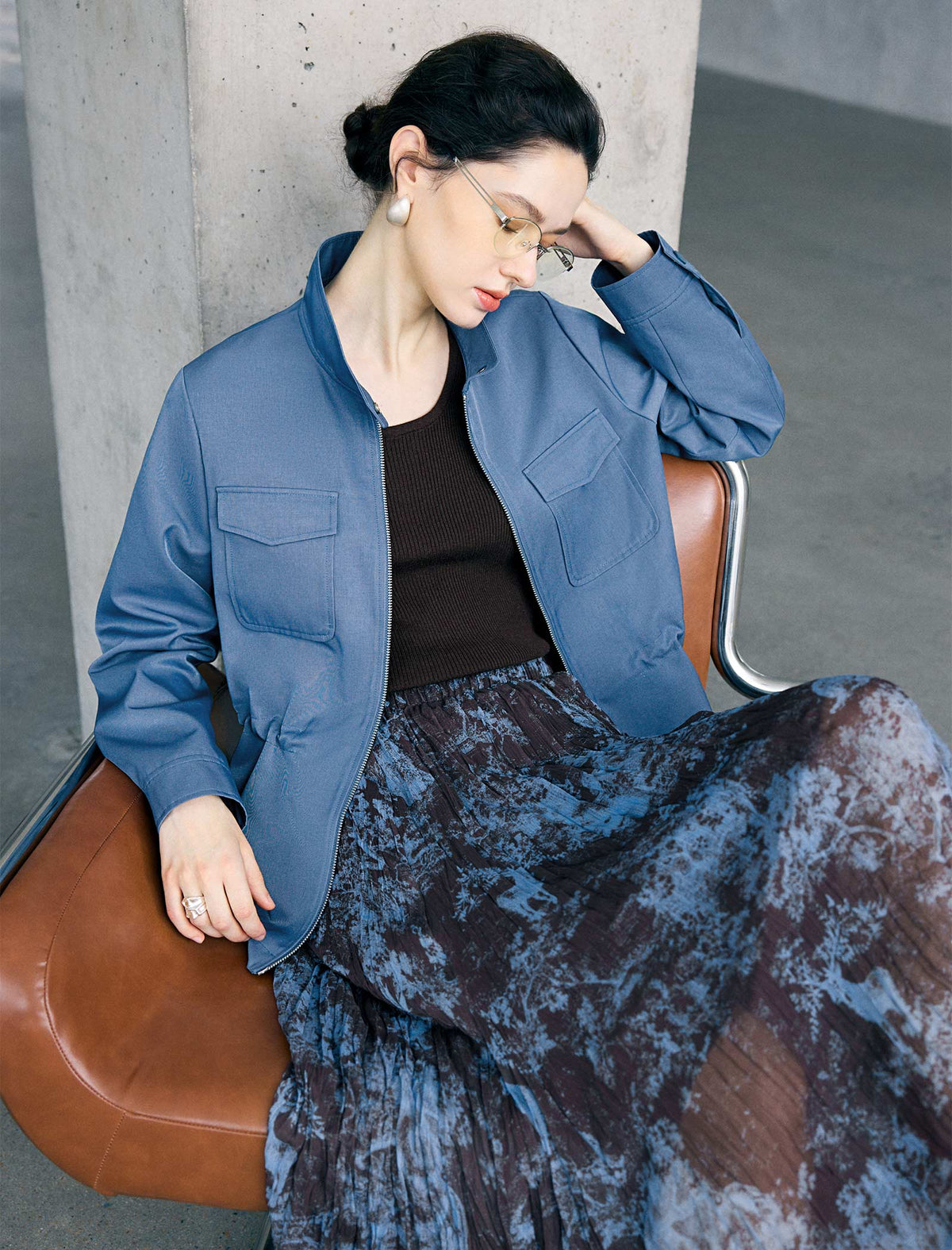 Drawstring-Waist Utility Jacket with Stand Collar
