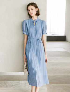 Bow Detail Puff Sleeve Pleated Midi Dress
