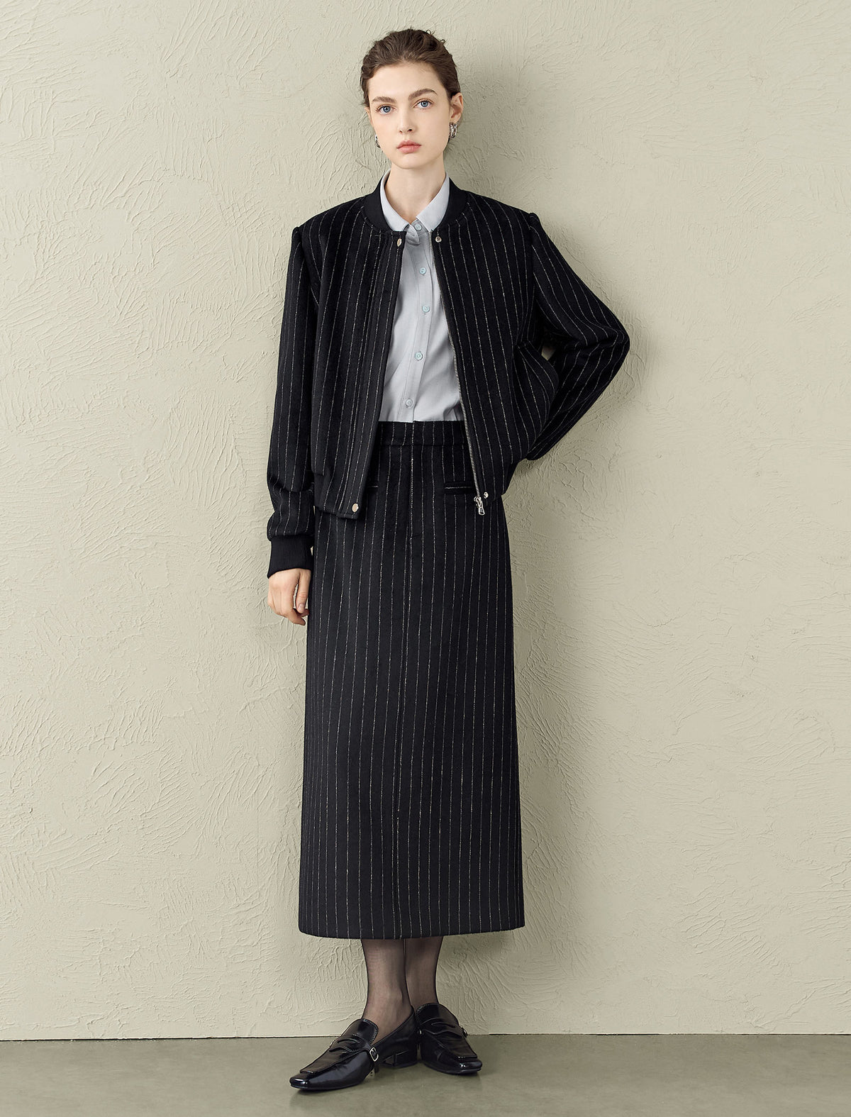 Wool-Blend Black Pinstripe Bomber Jacket