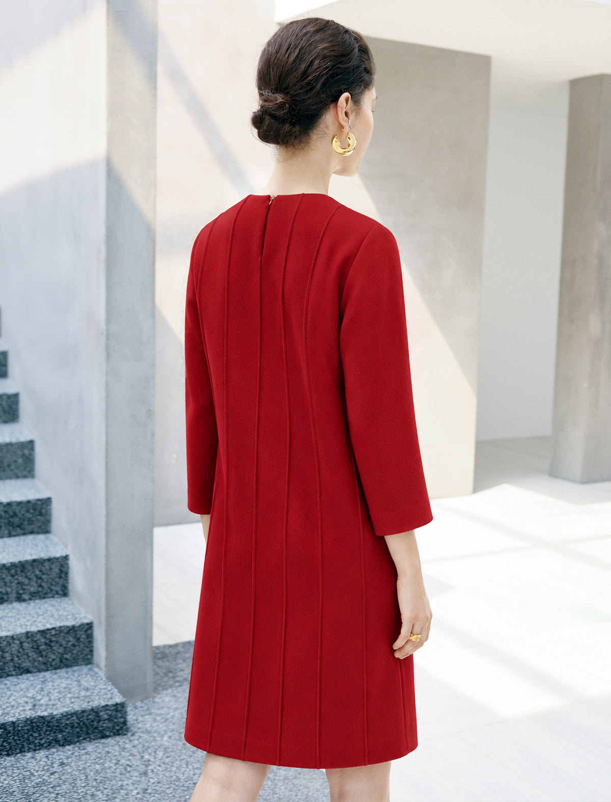 Wool Blend Quilted Button-Front Straight-Fit Dress