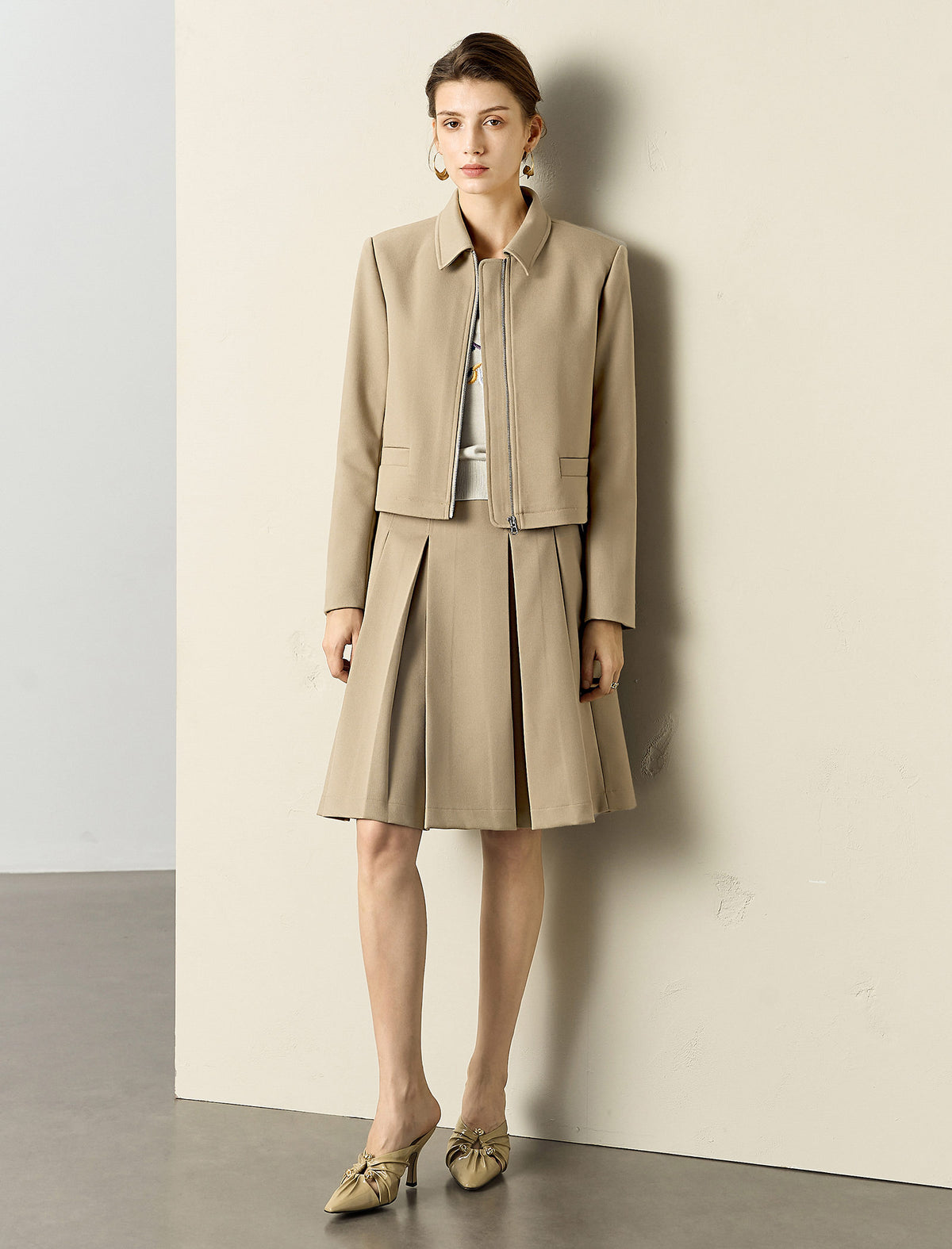 Camel Pleated A-Line Skirt