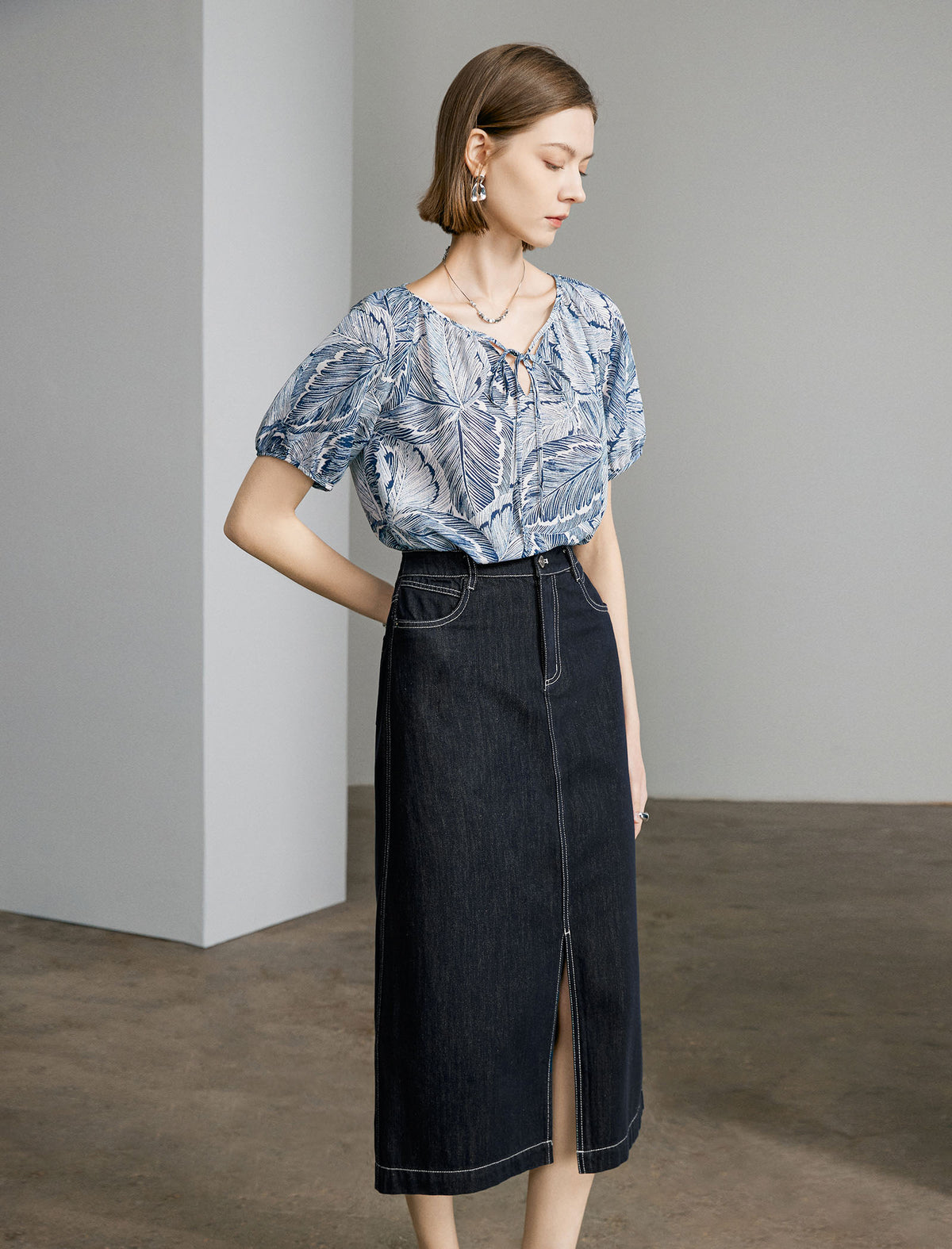 Denim Front Slit Midi Skirt