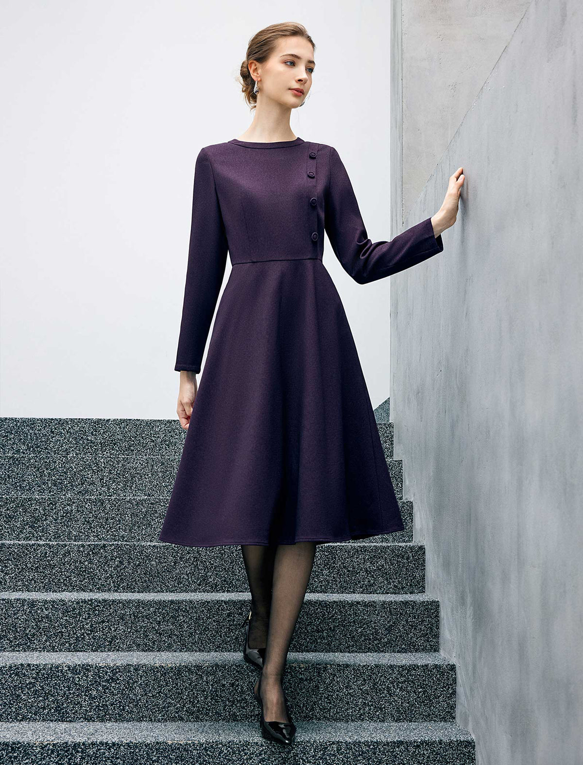 Diagonal-Button Crewneck Long Sleeve A-Line Midi Dress