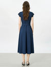 Dark Blue Lace Cap Sleeve Belted Midi Dress