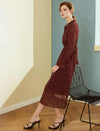 Burgundy Ditsy-Print Long-Sleeve Midi Dress