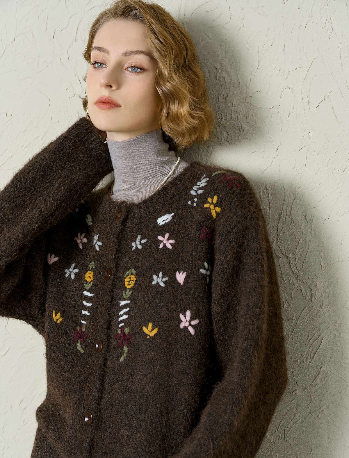 Chocolate Brown Floral Embroidered Cardigan