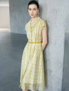 Yellow Geometric Print Lapel Cap Sleeve Belted Shirt Midi Dress