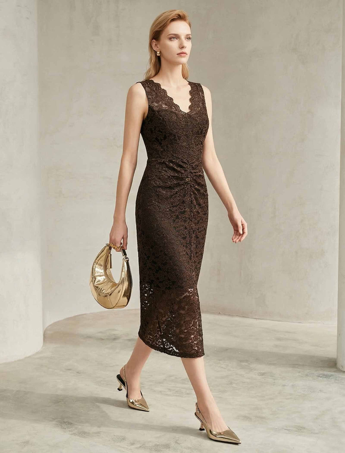 Brown Lace Sleeveless Midi Dress