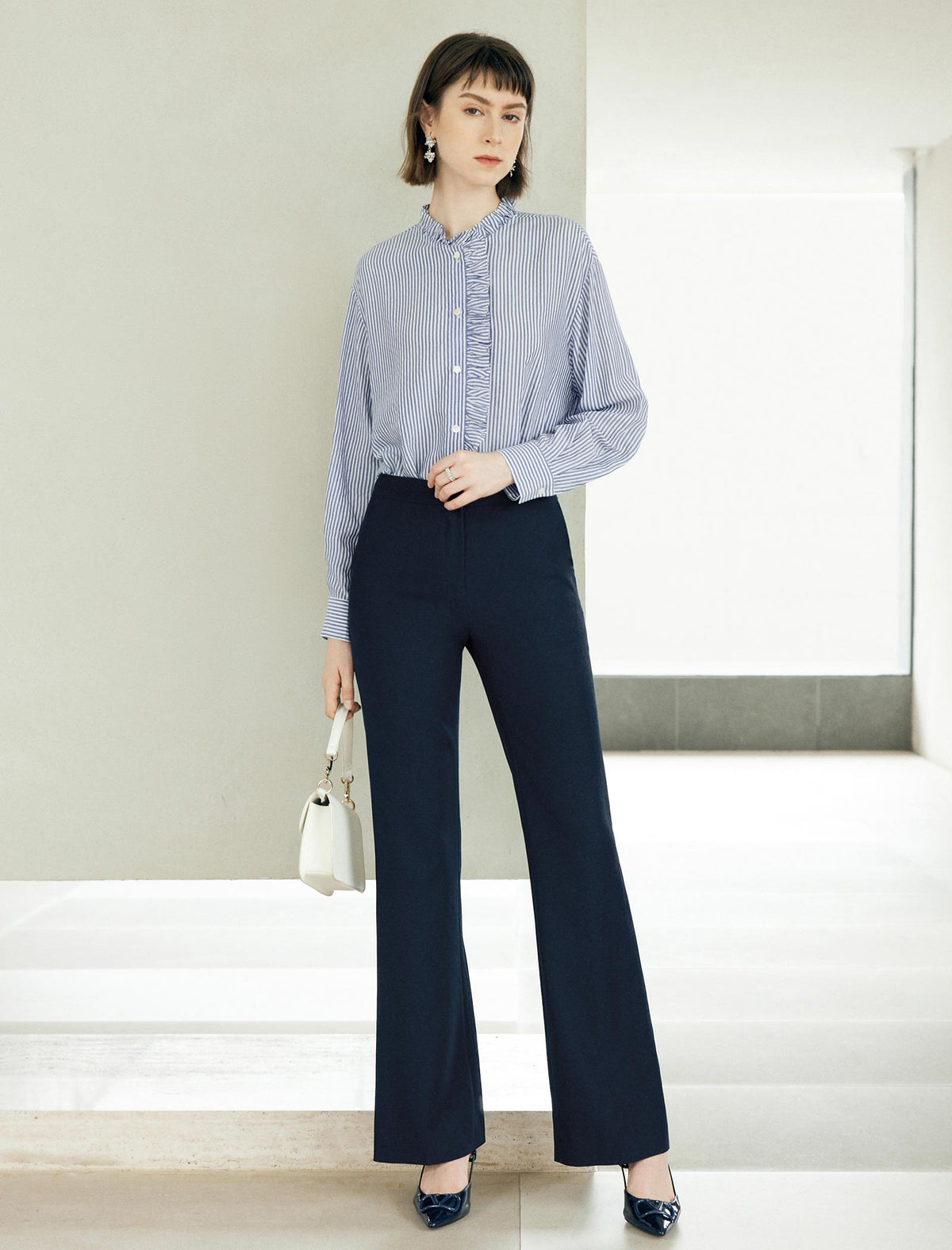 Blue Striped Tencel Minimalist Long-Sleeve Shirt
