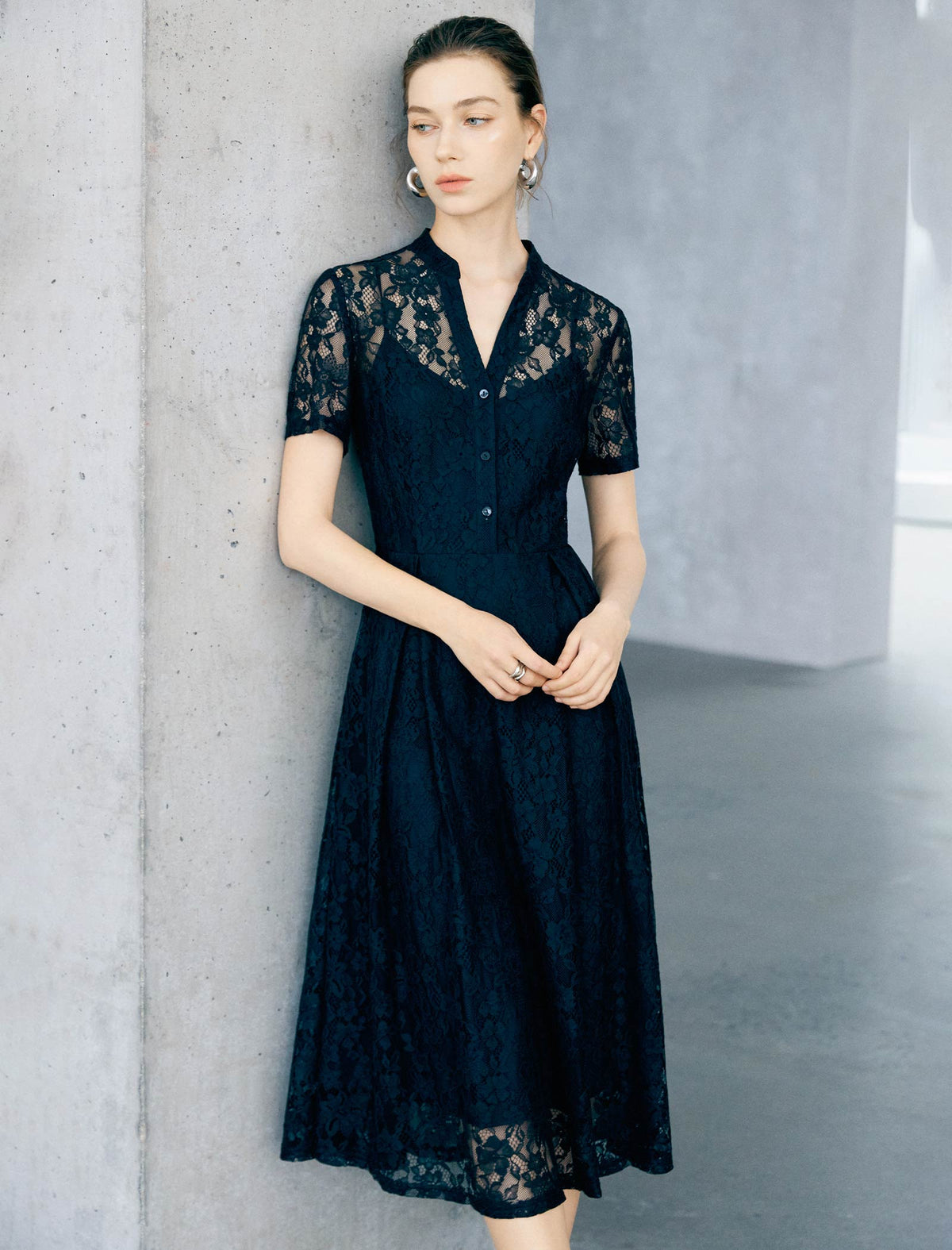 Navy Stand Collar Button Front Lace Midi Dress