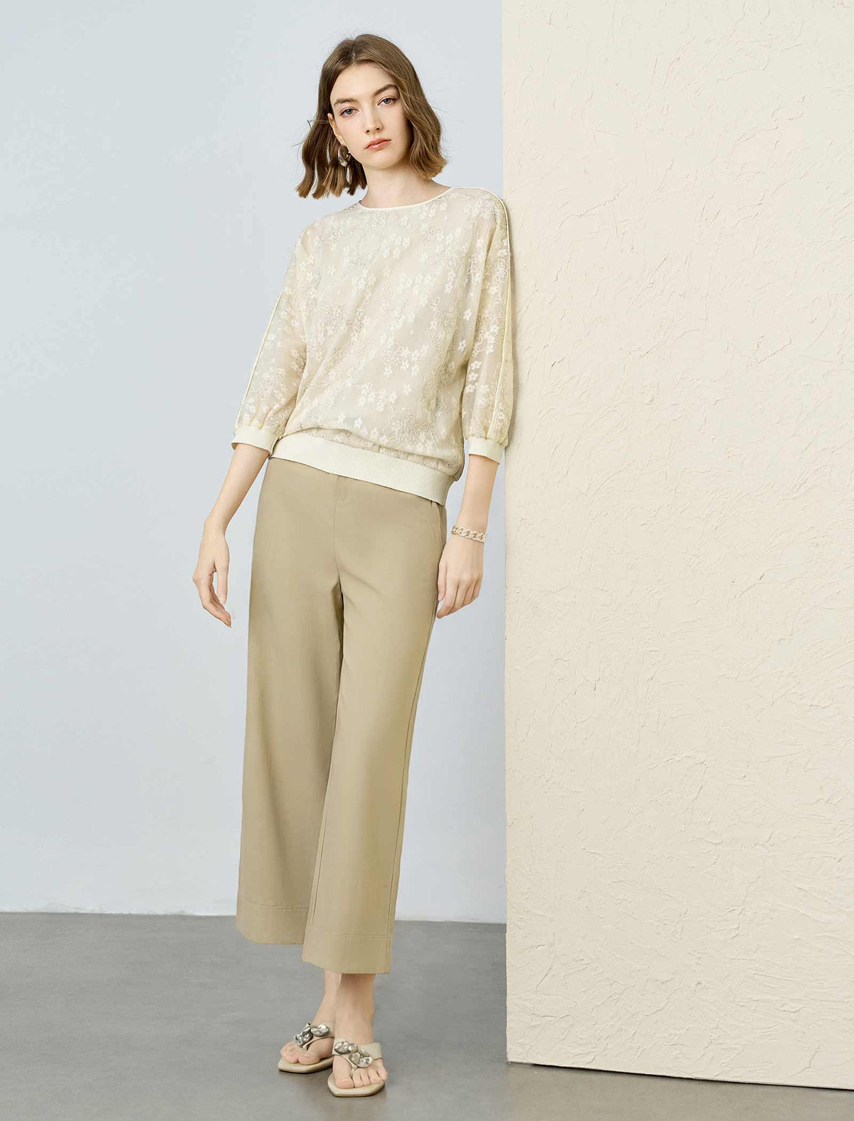 Tencel Khaki High Waisted Wide Leg Cropped Pants