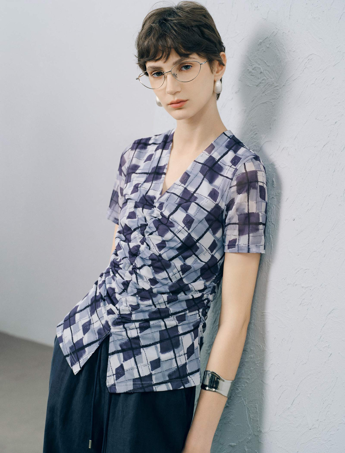 Blue Checked Ruched Front Top