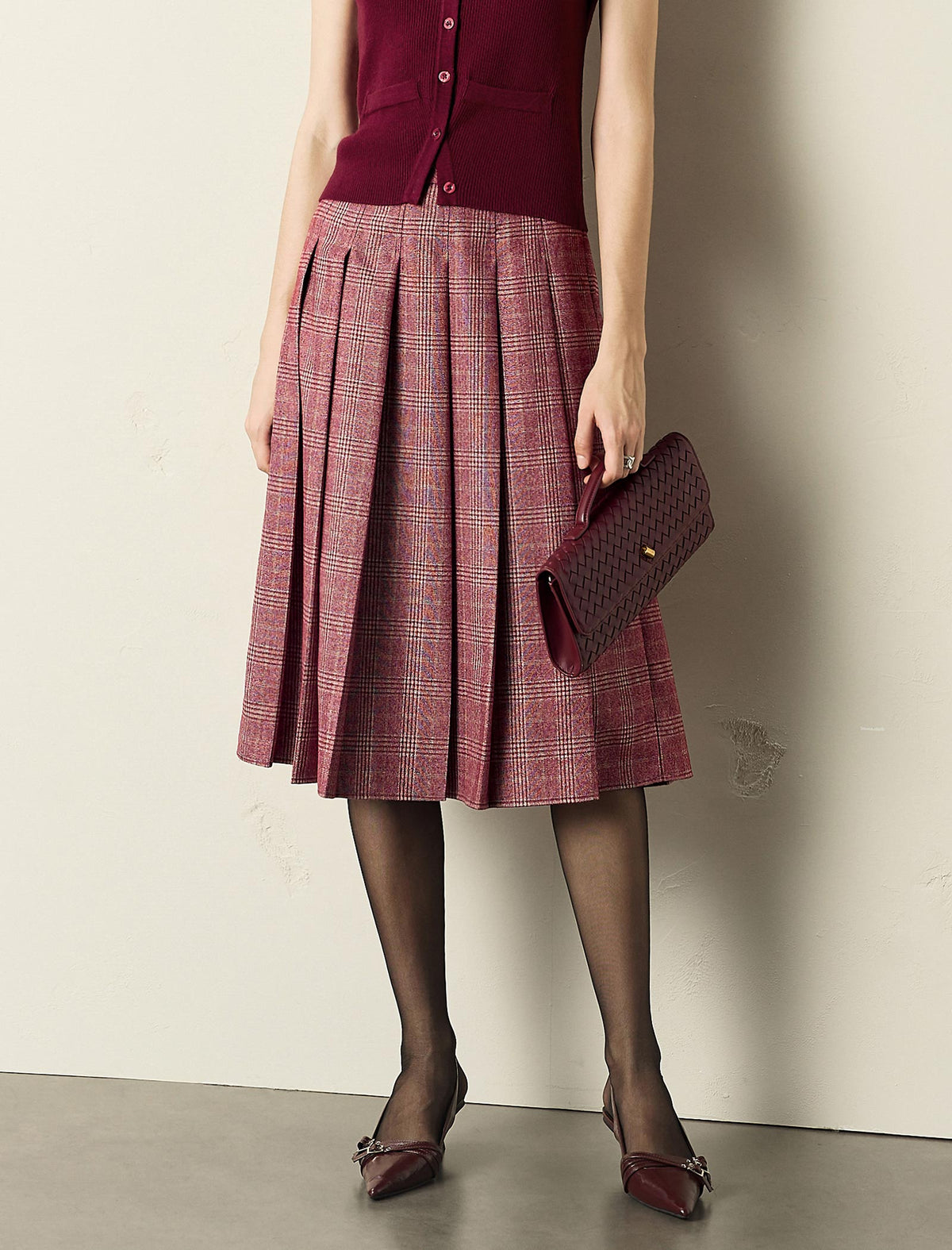 Red Plaid Pleated A-Line Midi Skirt