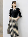High Waist Pleated Houndstooth Midi Skirt