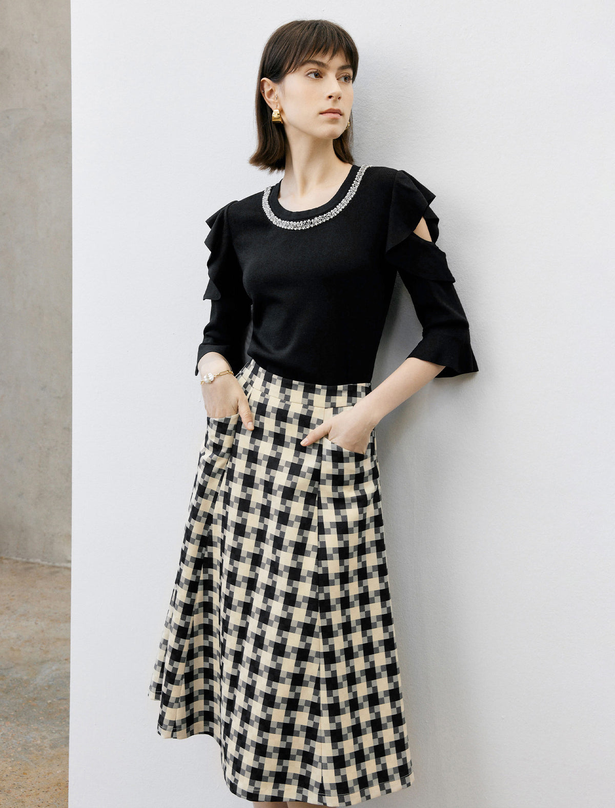 High Waist Pleated Houndstooth Midi Skirt