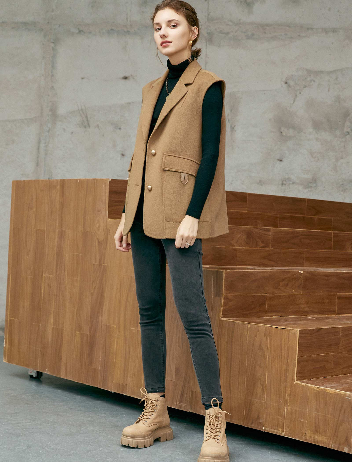 Camel Wool-Blend Lapel Vest