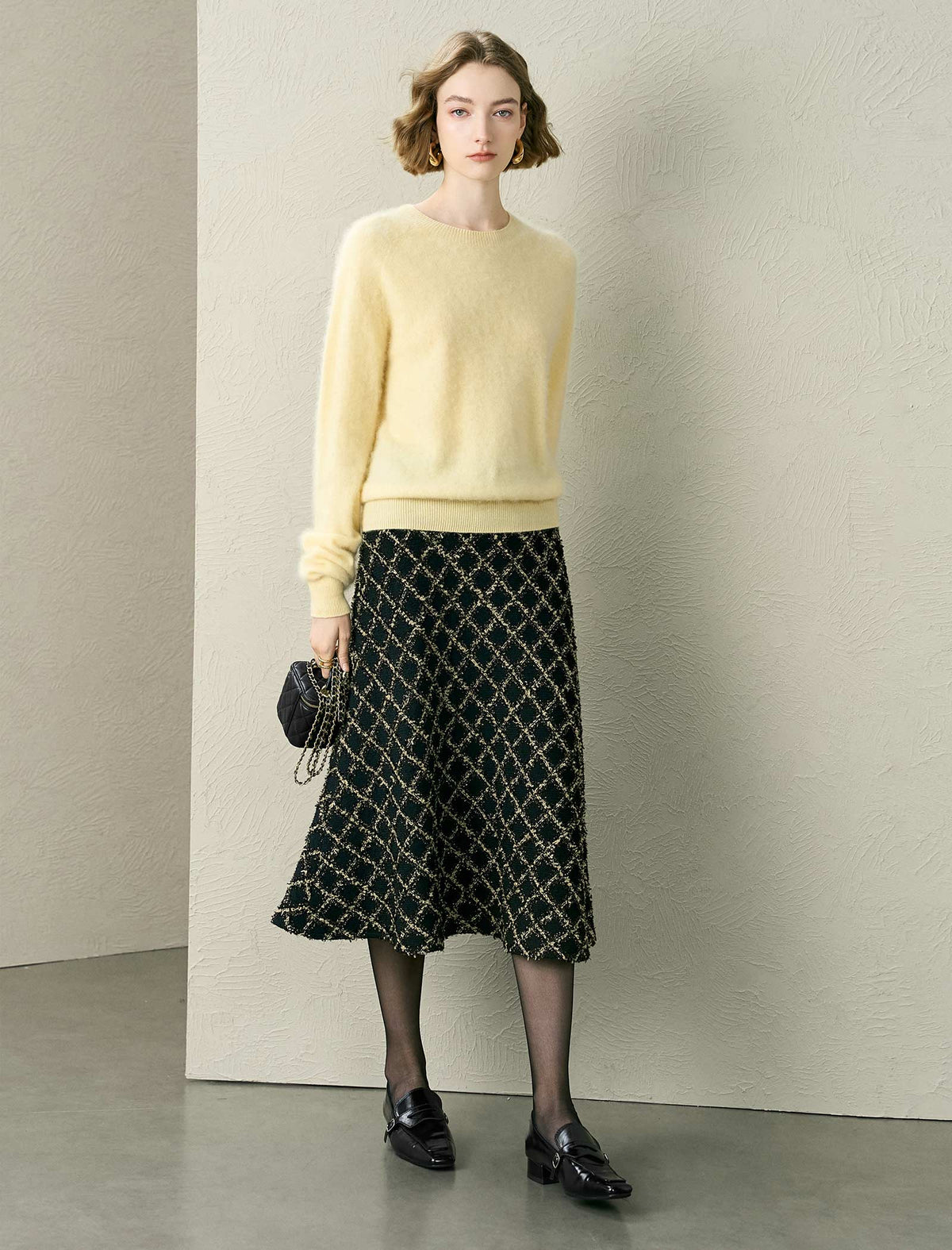 Tweed A-Line Check Midi Skirt