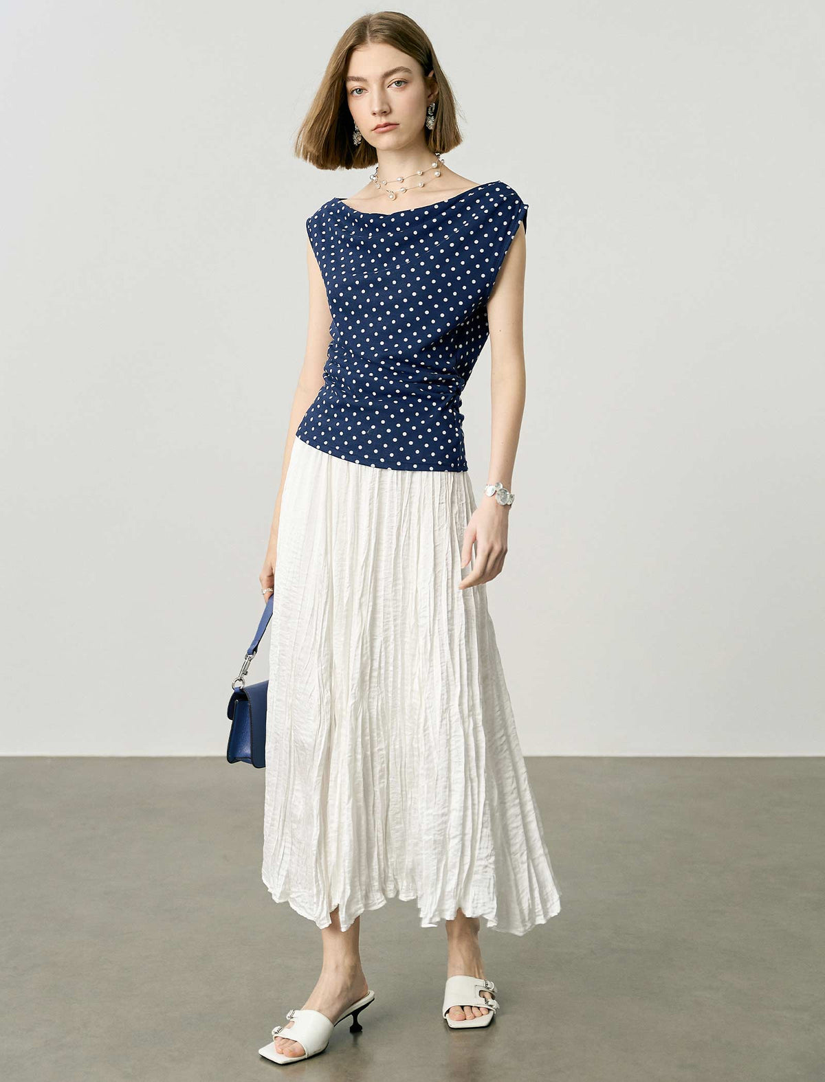 Navy Blue Polka Dot Cowl Neck Knit Top