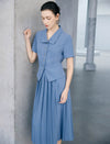 Dusty Blue Solid Permanent Pleat Midi A-Line Skirt