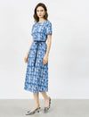 Mulberry Silk Watercolor Geometric Print Short Sleeve Tie Waist Midi Dress