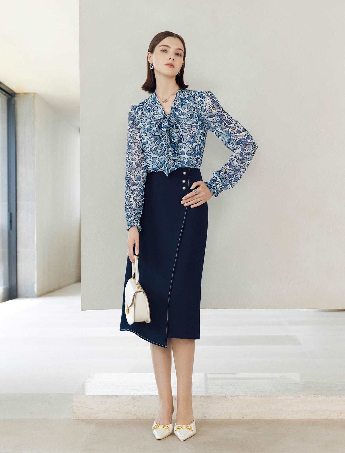 Chiffon Blue Leopard Print Blouse