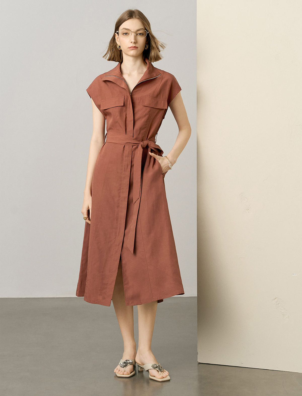 Zip-Up Collared Cap-Sleeve Belted Shirt Dress