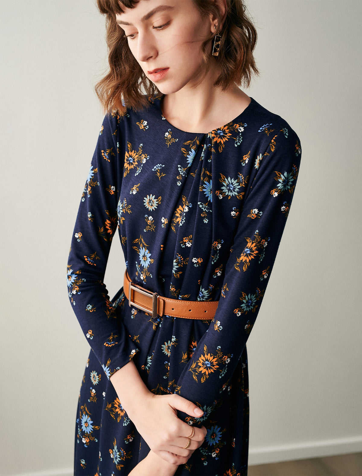 Floral Print Crewneck Belted Dress