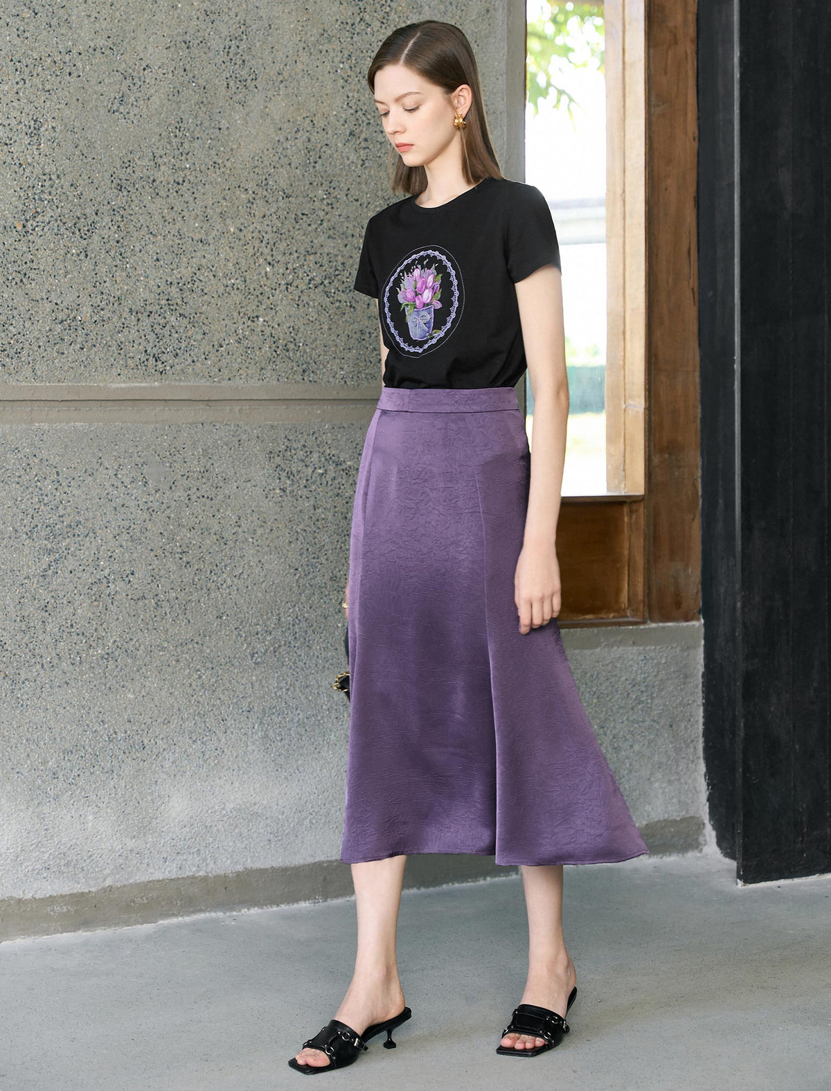Purple Textured Satin Mermaid Midi Skirt