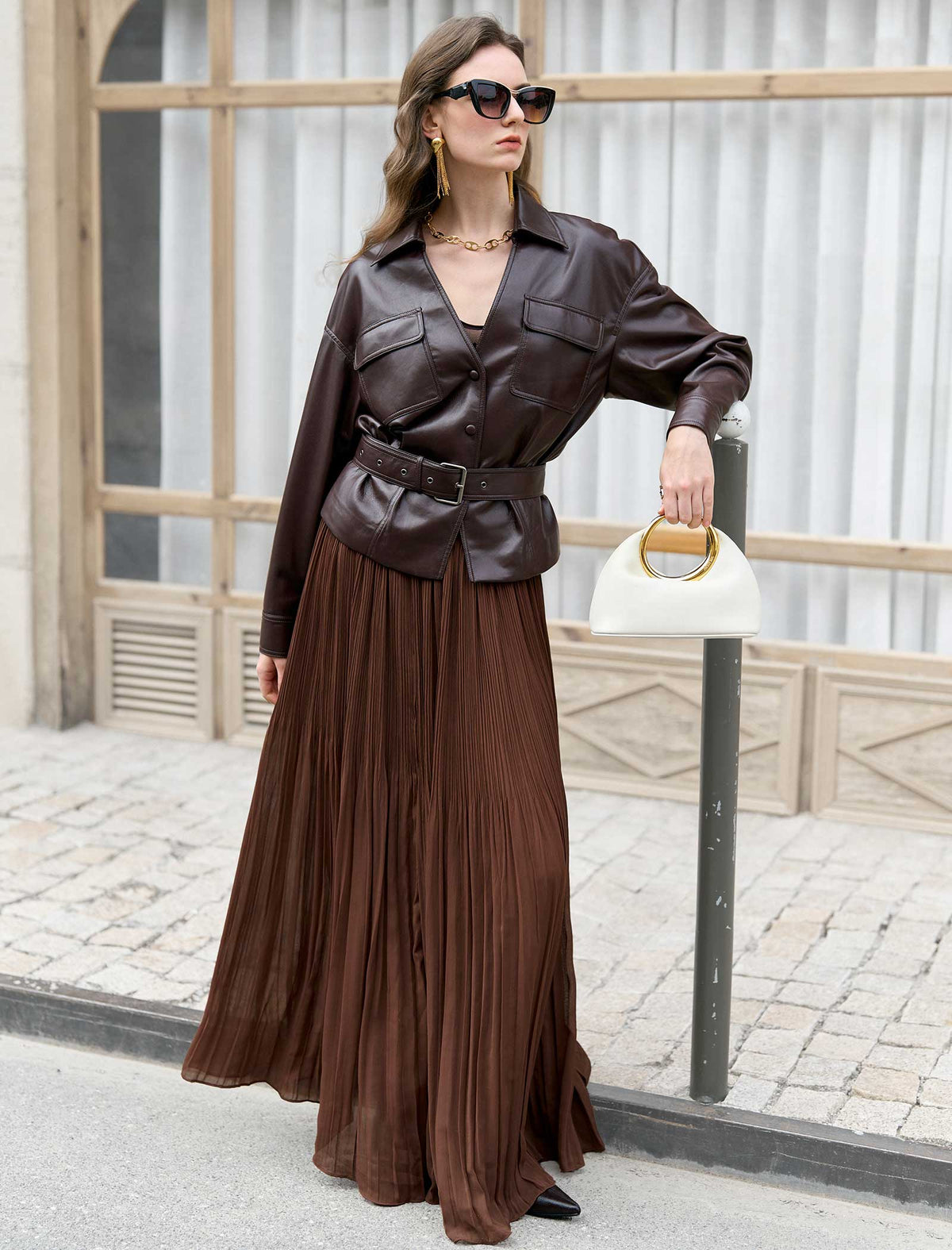 Faux Leather V-Neck Overshirt with Belt