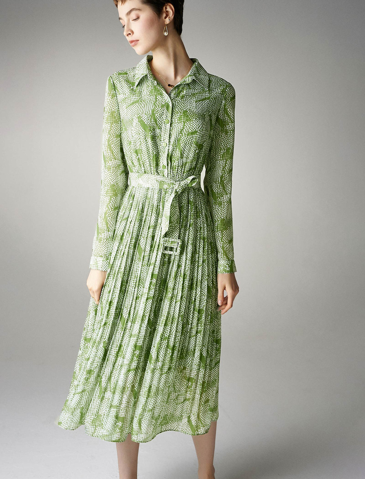 Print Pleated Shirt Dress