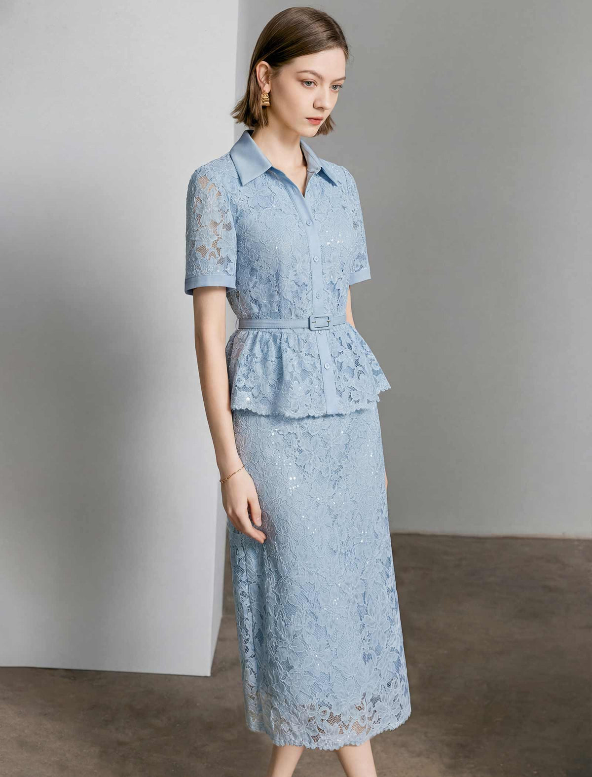 Light Blue Lace Sequined Pencil Midi Skirt