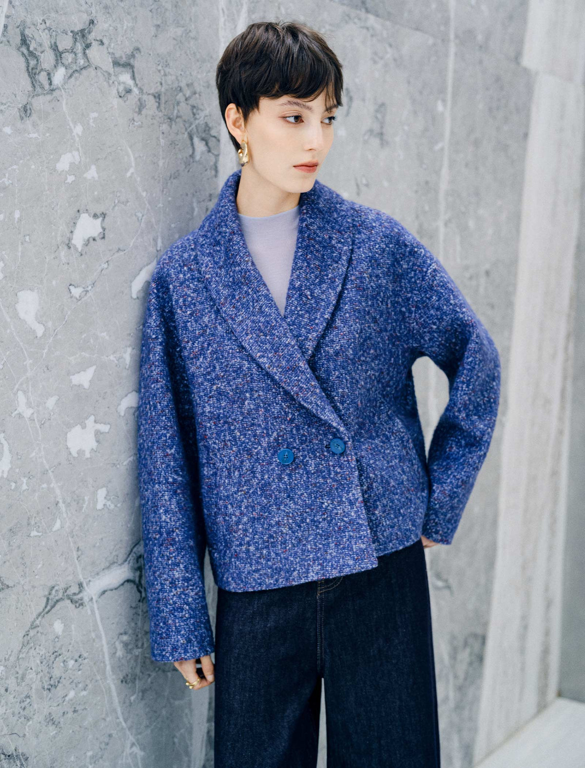 Shawl Collar Textured Double Breasted Cropped Jacket