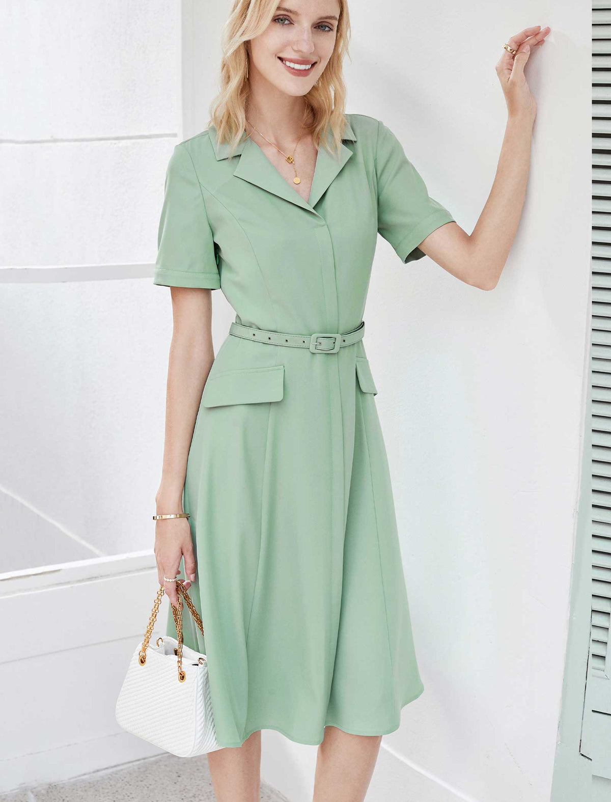 Belted Notch Collar Fit-and-Flare Midi Shirt Dress