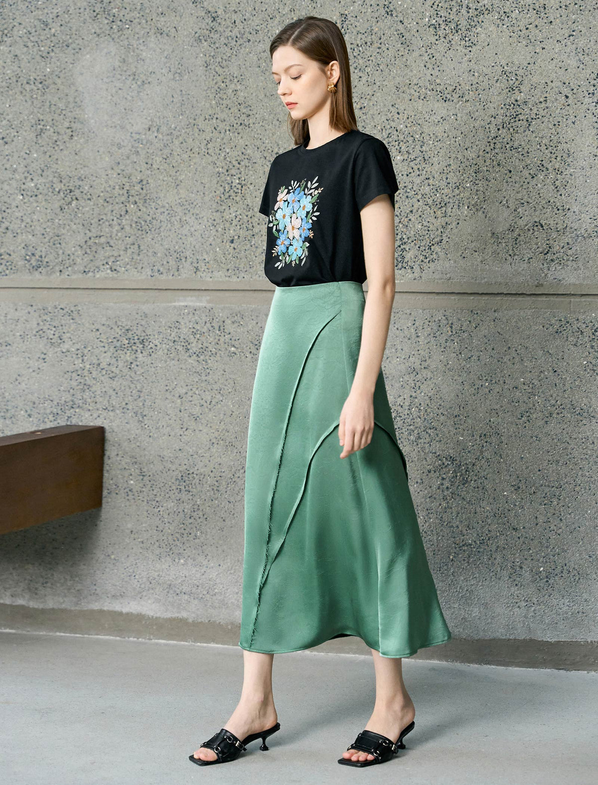 Sage Green Embossed Satin Wrap Midi Skirt