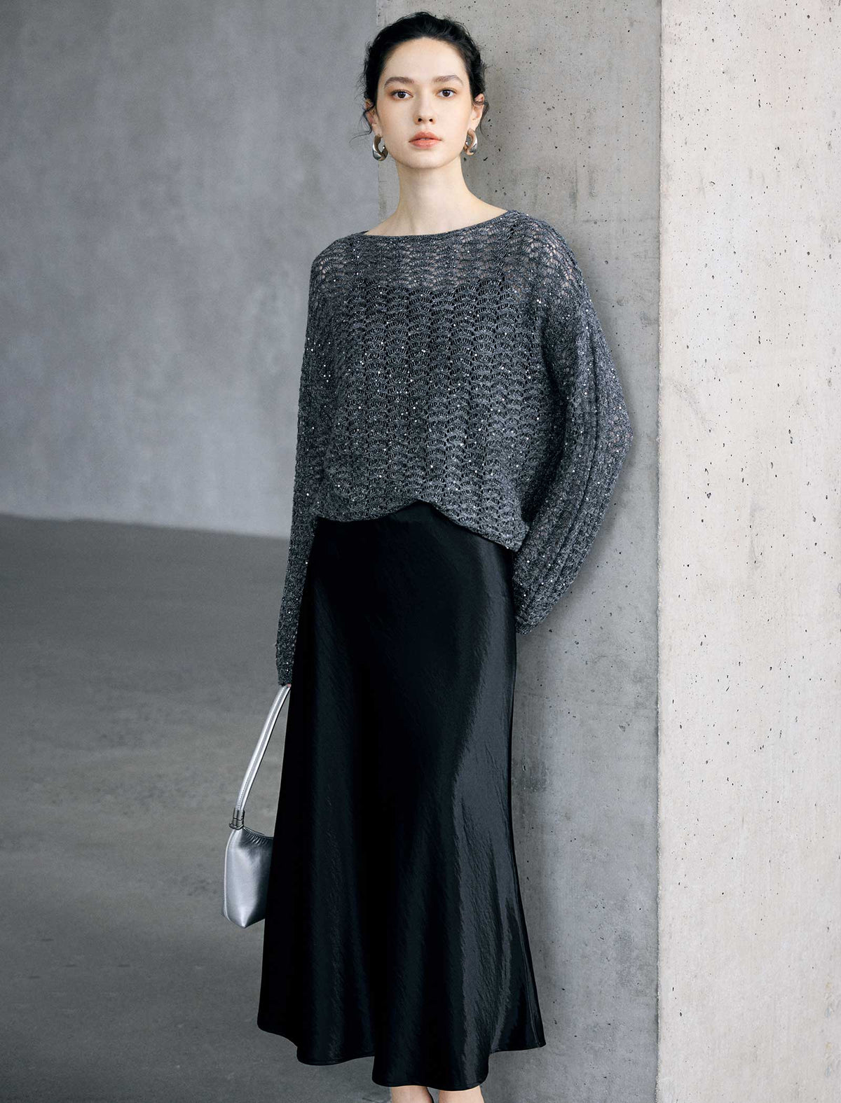 Vintage Black Shiny Satin Midi Skirt