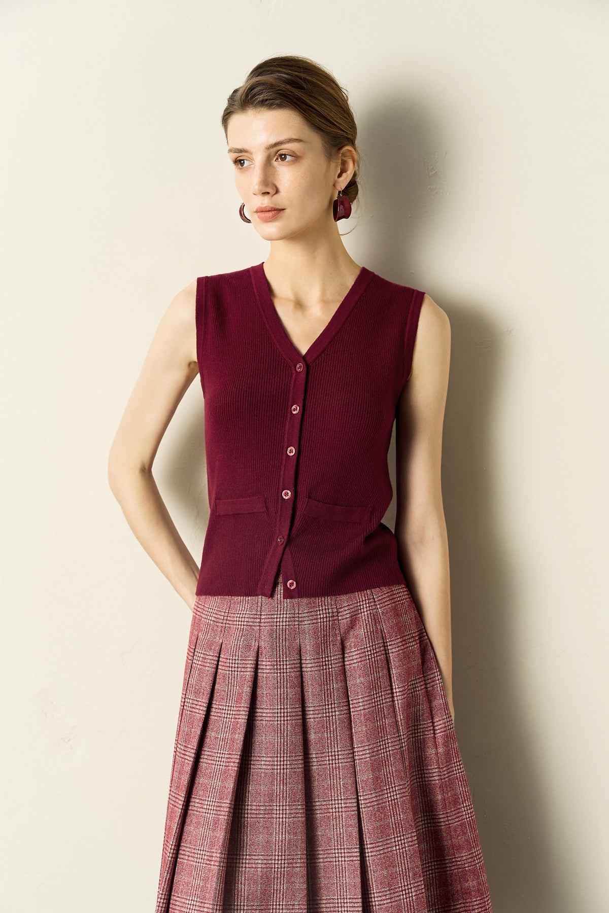 V-Neck Slim Fit Buttoned Knit Tank Top