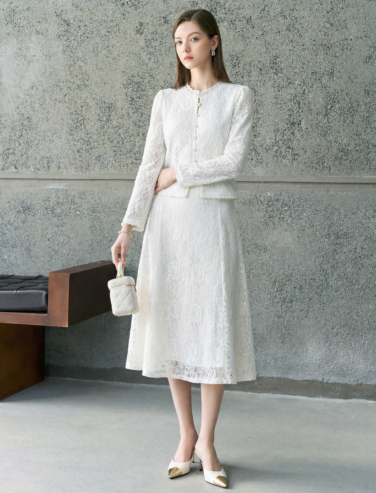 Floral Lace High-Waist A-Line Midi Skirt